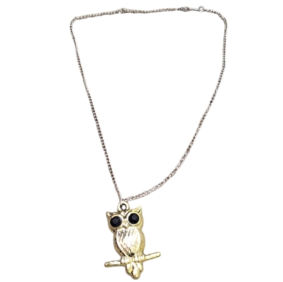Gold Tone Long Fashion Necklace Owl (Sitting Sideways on Branch) Pendant - Picture 2 of 2